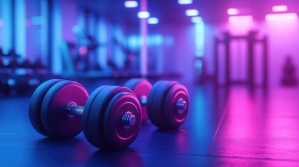 Neon gym dumbbells, fitness equipment, vibrant colors, modern interior. Use Stock photo for workout, fitness, sport, healthy lifestyle, inspiration