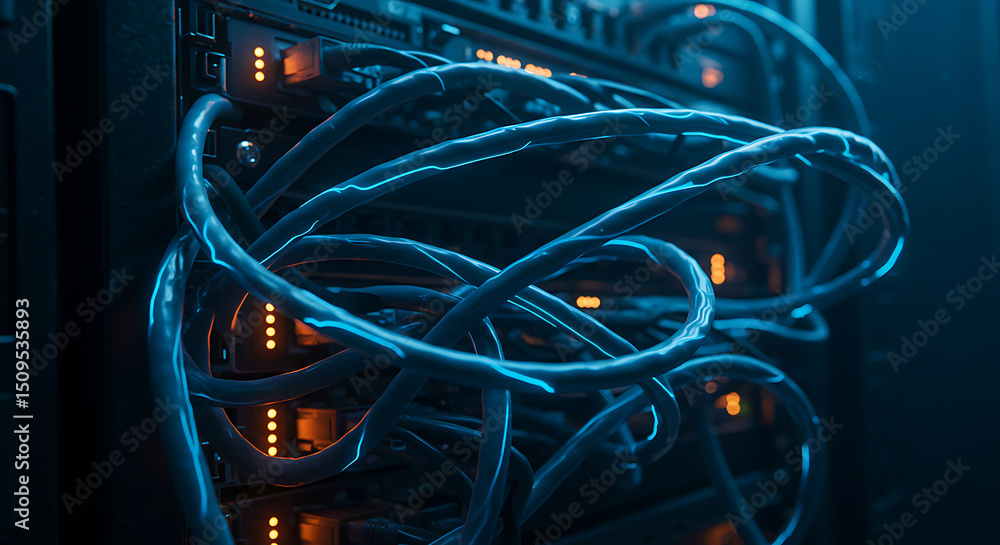 Aufkleber tangled network cables in server rack close-up - digital data center connection illustration