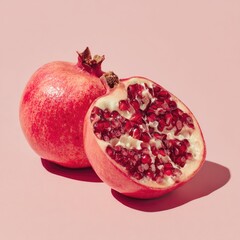 A whole and halved pomegranate rest on a pink background, showcasing vibrant red arils and a glistening skin, cast in soft light
