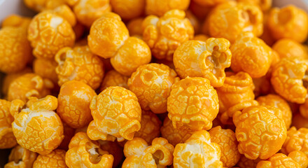 Tightly cropped image showing golden caramel-coated popcorn pieces.
