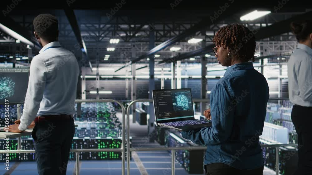 Poster system administrators in data center monitoring ai llm visualization. african american server farm c