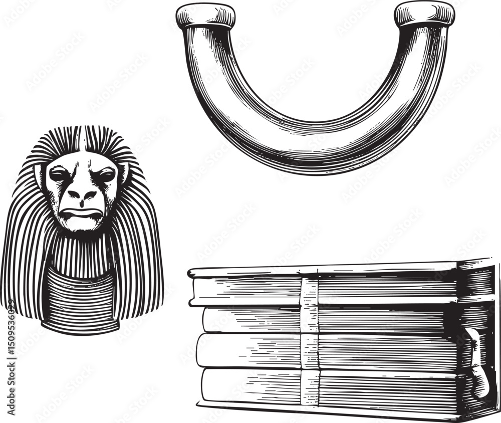 Poster stylized black and white features a sphinx a horseshoe and a stack of books.