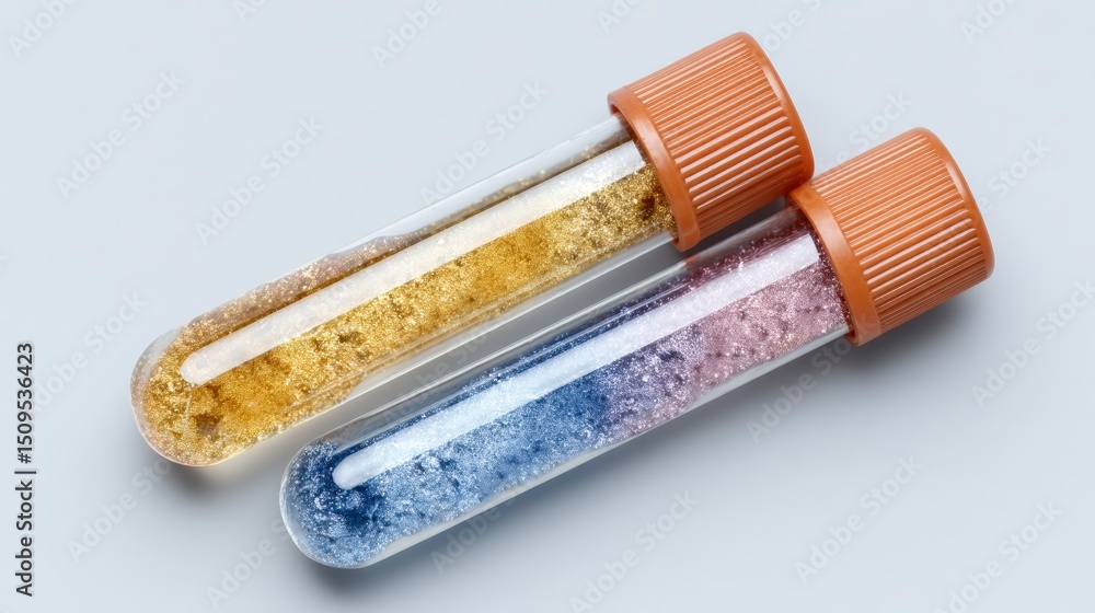 Poster two test tubes with colorful liquids lab research science experiment close up