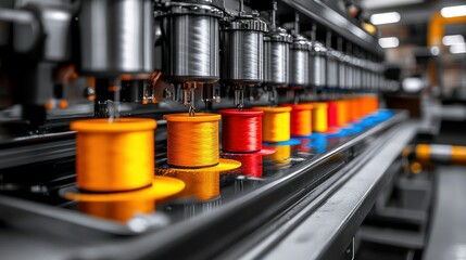 Industrial sewing machine with colorful thread spools.  Advanced textile manufacturing equipment