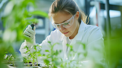 Scientist examining plants in a greenhouse laboratory