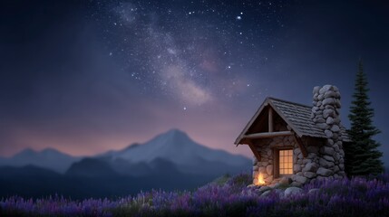 Fototapeta premium Serene Nighttime Cabin Starry Sky Mountain View Campfire Lavender Field