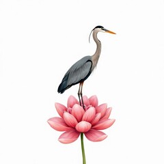 Elegant heron bird with peony flowers and green leaves, botanical spring decor illustration, graceful nature wildlife art