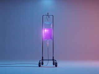 An IV bag with vibrant purple liquid hangs from a metal stand on wheels against a blue and pink gradient background.  The scene is digitally rendered with a sleek, minimalist aesthetic
