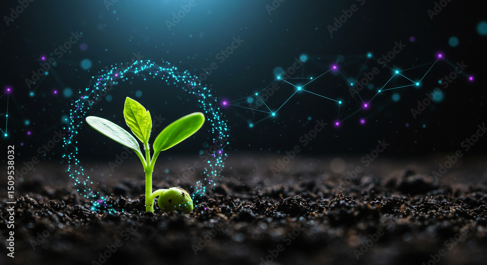Aufkleber a seedling growing in soil with a digital network overlay and glowing particles on a dark background
