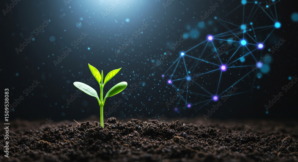 Aufkleber a seedling growing in soil with a digital network overlay on a dark background with bokeh effect
