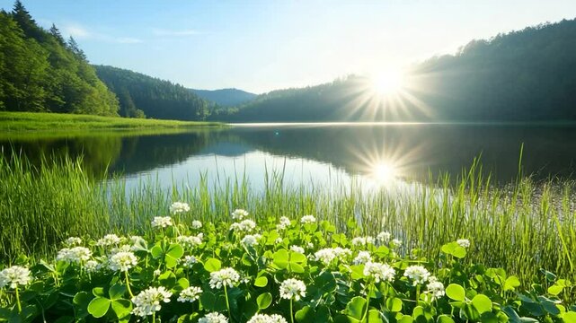 Lakeside meadow with white wildflowers green grass and sunlight reflection