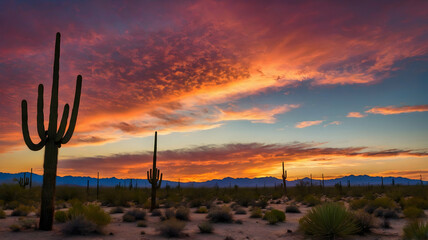Dramatic Sunset over the Sonoran Desert with Saguaro Cacti