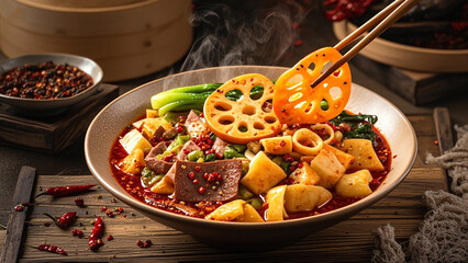 A bowl of Sichuan spicy hot pot with lotus root, meat, and vegetables, held with chopsticks, food photography, steaming hot, rich colors