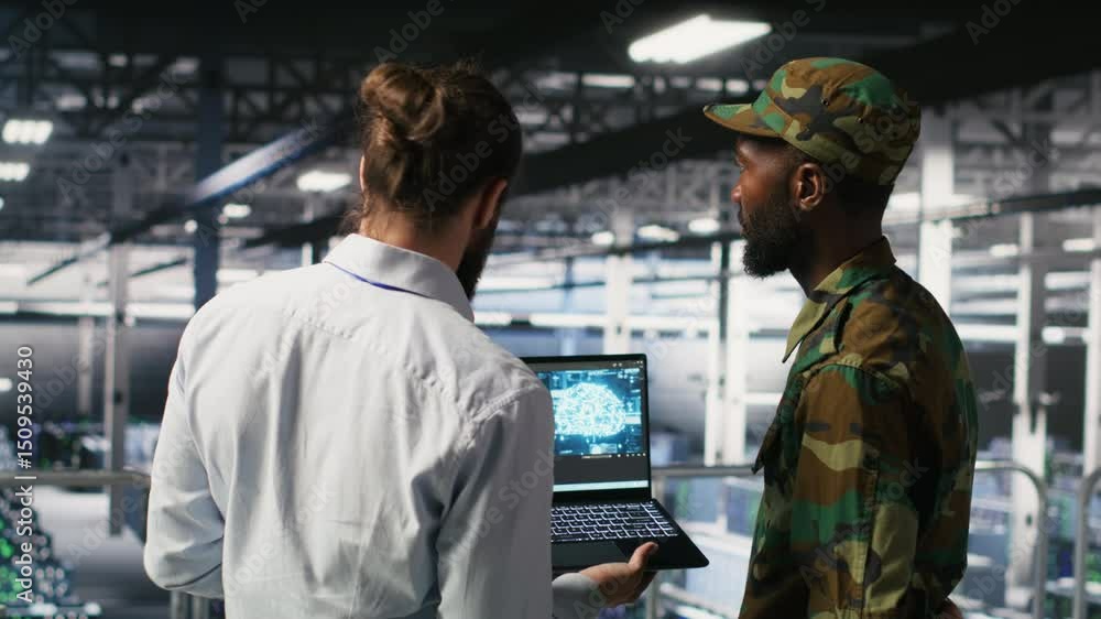 Poster military technicians in secure data center use laptop to monitor artificial intelligence systems. ar