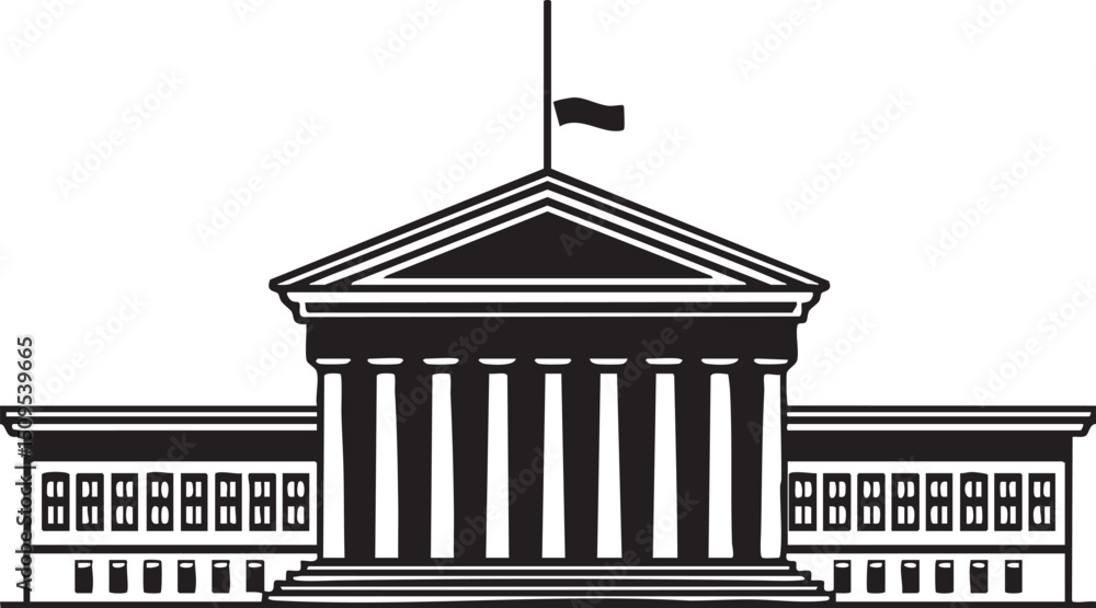 Poster stately building with a prominent columned facade and a flag.