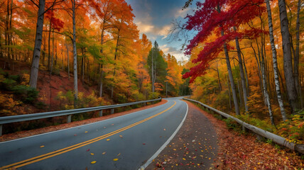 Obraz premium Autumn Road Winding Through Colorful Forest