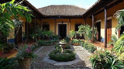 Fototapeta premium Colonial courtyard garden, sunny day, vibrant plants, peaceful scene, possible use for travel/tourism