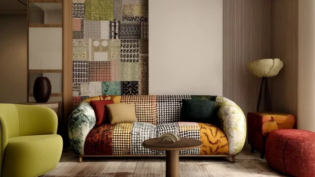 Comfortable living room featuring a colorful patchwork sofa, soft lighting, and eclectic contemporary decor elements.