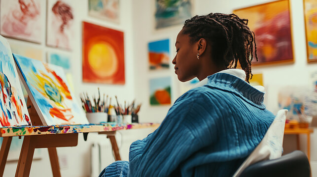 Artist with dreadlocks painting vibrant abstract art in a colorful studio
