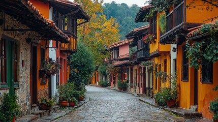 Fototapeta premium Colorful Autumn Street in a Mountain Village