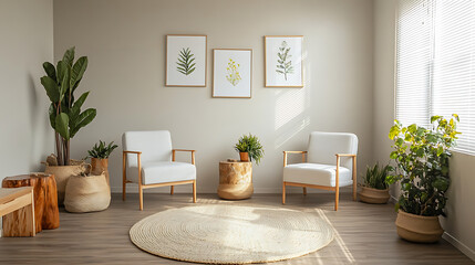 Fototapeta premium Minimalist Living Room with White Armchairs, Plants, and Natural Light