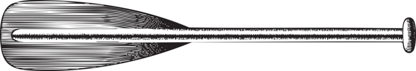 wooden rowing paddle rests horizontally on a white surface.