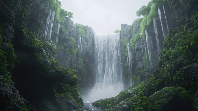 Lush waterfall cascading down mossy cliffs. - Powered by Adobe