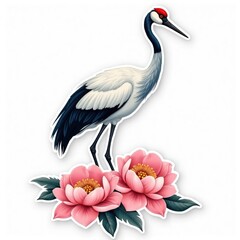 Watercolor illustration of a graceful crane among pink peonies and green leaves, Asian-inspired nature art for decor