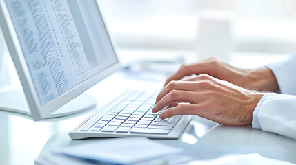 Hands typing on a keyboard with a computer screen displaying text in the background
