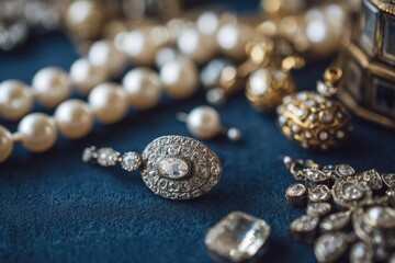 Close-up of scattered antique jewelry; pearls, gold, and silver pieces with gemstones on dark blue velvet