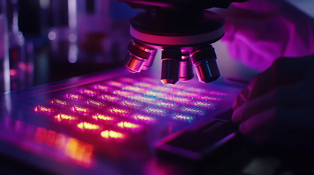 Scientist examining a microarray slide under a microscope in a laboratory setting with vibrant purple lighting.