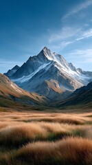 Majestic rocky mountains rise under a clear blue sky, displaying snowcapped peaks. Golden grasslands stretch across the foreground, representing summer's vibrant colors