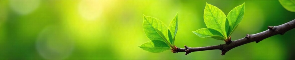 Close-up of vibrant, newly sprouted green leaves on a tree branch, delicate and fresh, signifying the arrival of spring and new growth, sunlight filtering through , new leaves, branch