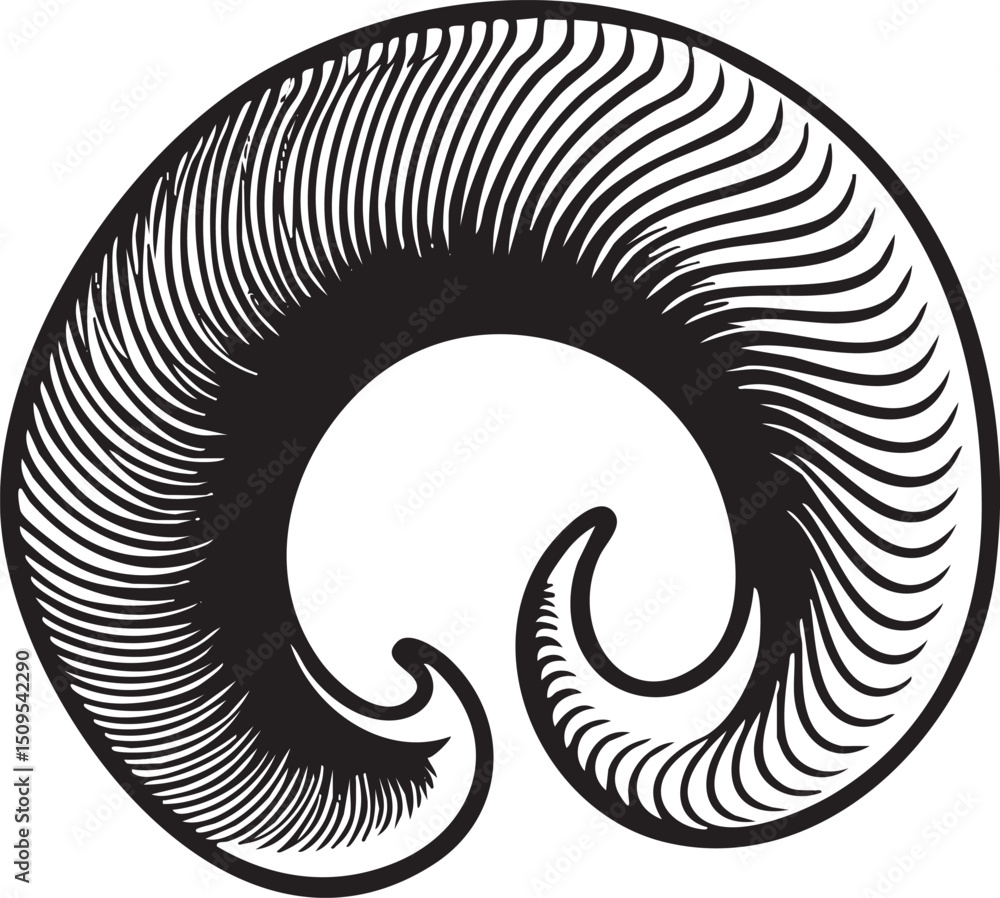 Poster stylized circular emblem features intricate swirling lines and a central void.