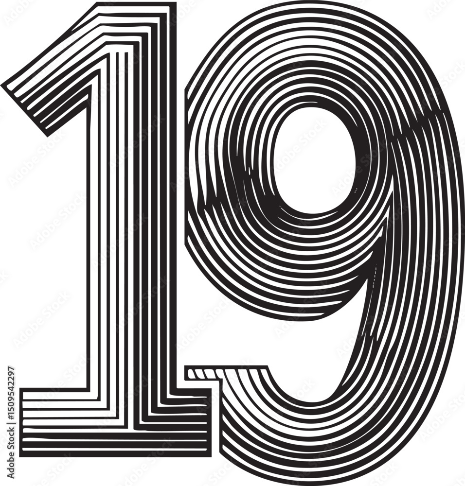 Poster bold stylized number nineteen is presented in a dynamic arrangement of intersecting black lines.