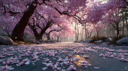Enchanting Cherry Blossom Path: A Serene Walkway Under Pink Petal Canopy