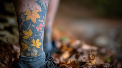 Detailed autumn leaf tattoo on leg exploring nature, symbolizing change and growth