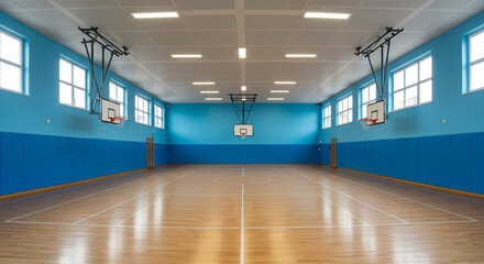 An empty indoor basketball court with blue walls and a polished wooden floor with basketball hoops hanging