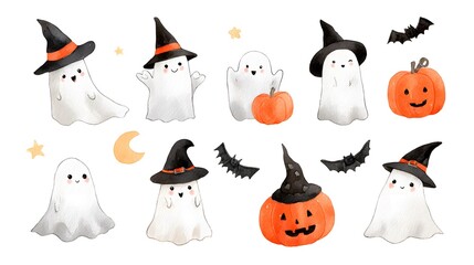 Watercolor halloween illustration featuring ghosts pumpkins bats stars and a crescent moon on white