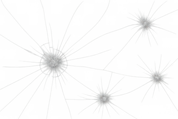 Shattered transparent surface revealing multiple bullet impacts, simulating extensive glass damage on isolated backdrop