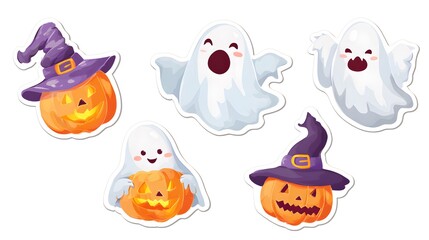 Fototapeta premium Cartoon halloween stickers featuring pumpkins and ghosts on a white background surface