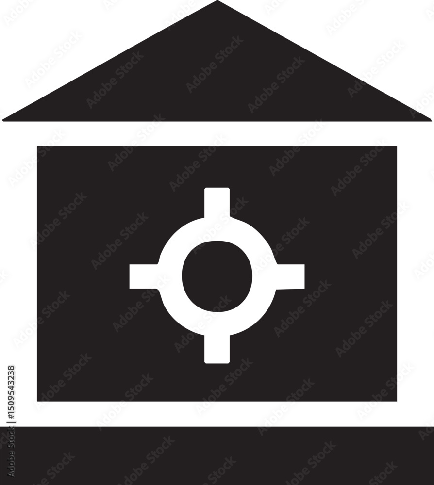 Poster white geometric symbol is displayed within a rectangular frame positioned above a stylized house out
