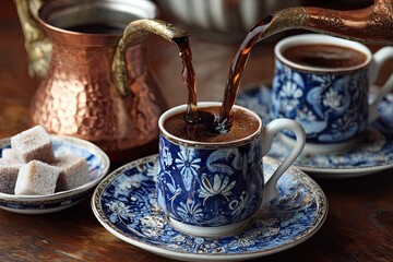 Dark coffee pours from a cezve into ornate blue-and-white cups, accompanied by sugar cubes on a wooden surface
