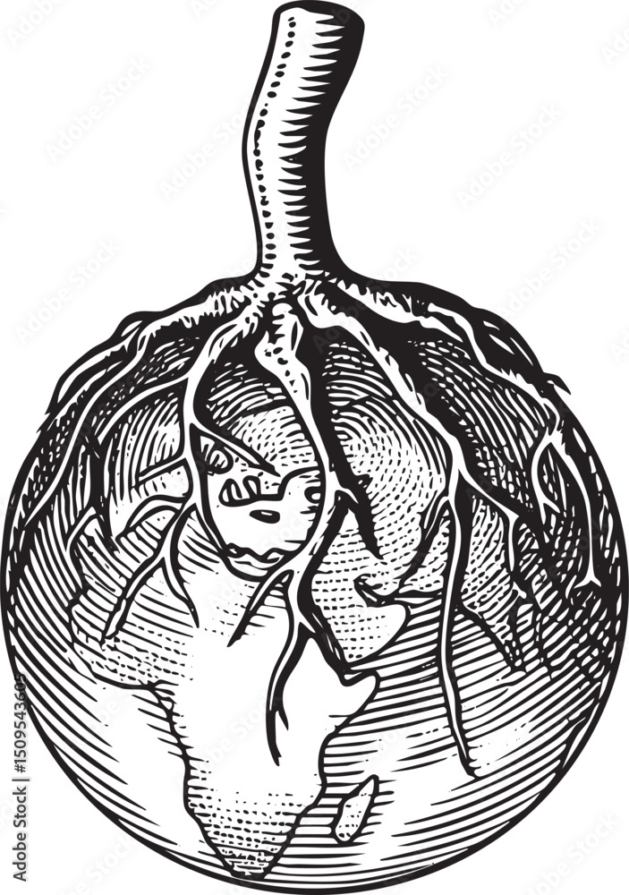Poster stylized depicts a bulb with intricate root systems extending outwards.