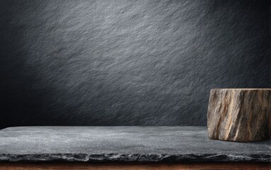 Dark grey stone backdrop with a rustic wooden stump on a matching slab.  A dimly lit, moody scene ideal for product display