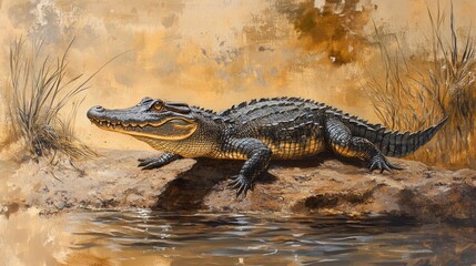 American Alligator Resting On A Rock Near Water