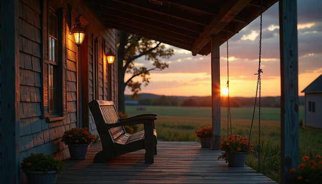 Warm sunset glows over a serene countryside porch with a rustic wooden swing bench.
