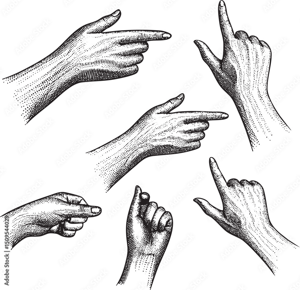 Poster five hands gesture emphatically towards different directions.