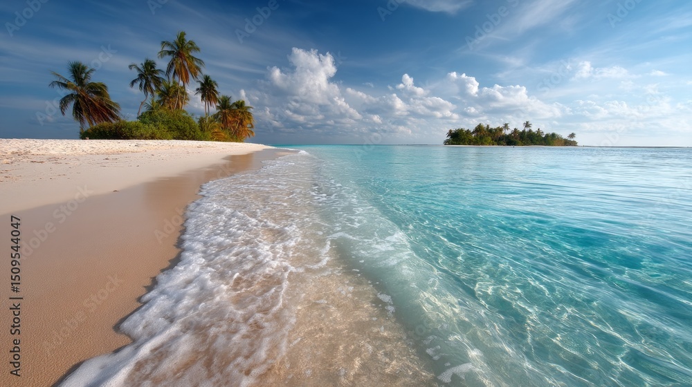 Poster gentle waves lap against the sandy shore, as palm trees sway in the breeze. an idyllic island is vis