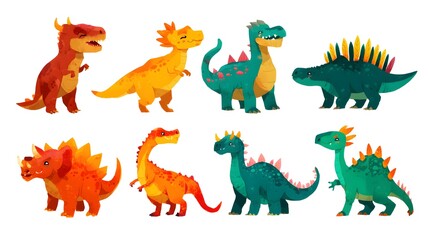 A collection of eight cartoon dinosaurs in various colors and styles standing on a white background